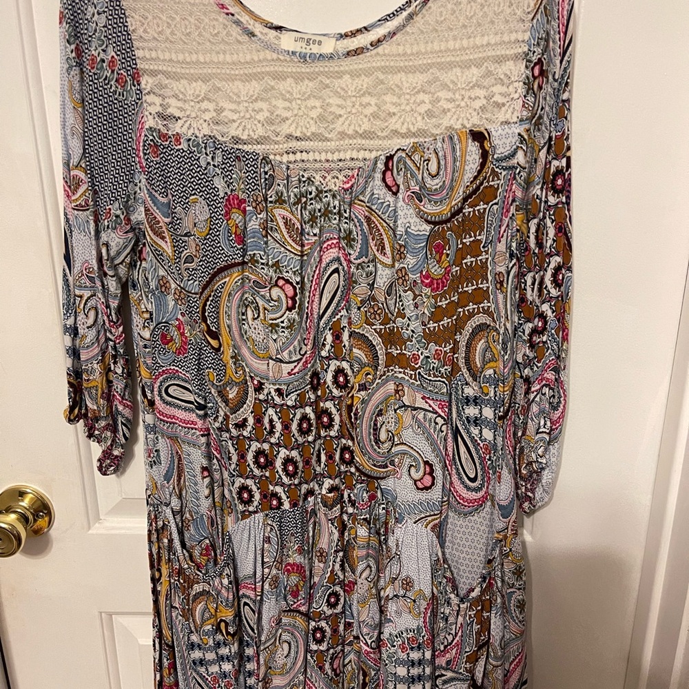 Umgee Multicolor Paisley Dress with Lace Detail